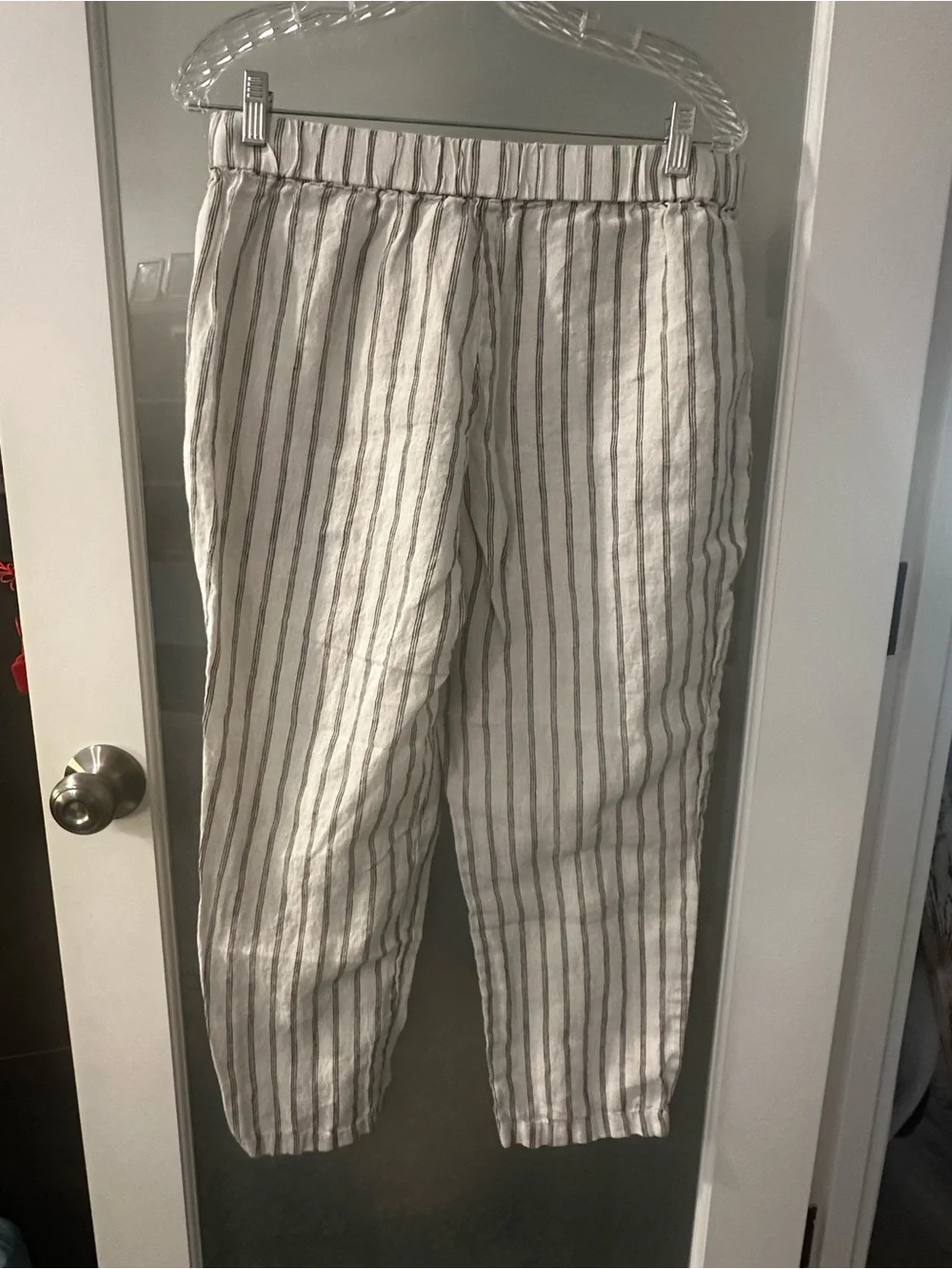 Quince Cream and Gray Striped Cotton-Linen Straight Leg Pants